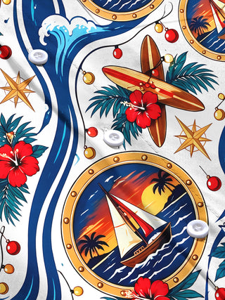 Adaychic Men's Long Sleeve Shirt - Christmas Ornaments And String Lights Print Sailing Boat In Porthole And Tropical Waves Print
