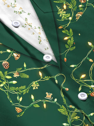 Adaychic Men's Christmas Light Strings And Pine Cones Print Long Sleeve Shirt with Chest Pocket
