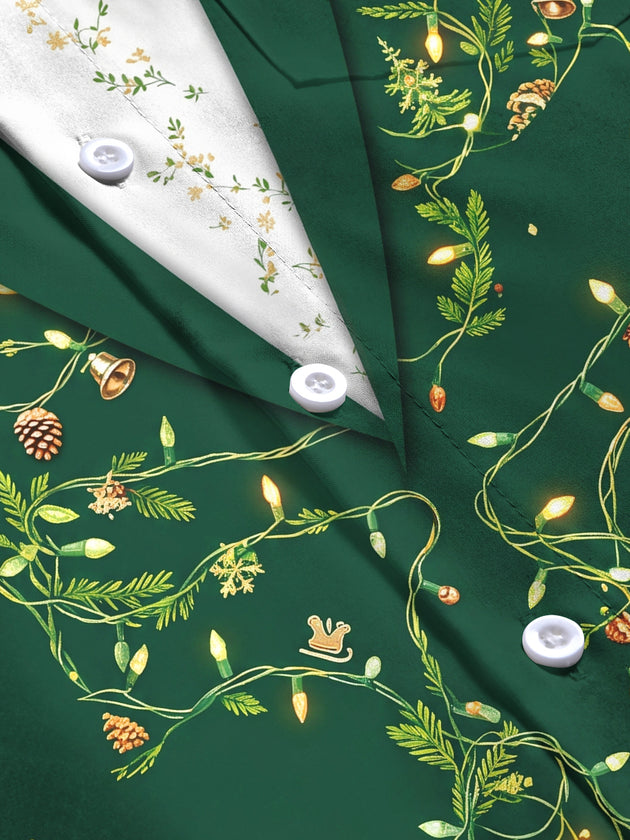 Adaychic Men's Christmas Light Strings And Pine Cones Print Long Sleeve Shirt with Chest Pocket