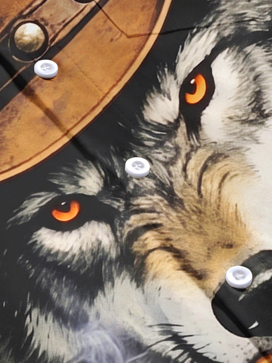 Adaychic Men's Graphic Wolf In Cowboy Hat Print Short Sleeve Shirt with Chest Pocket