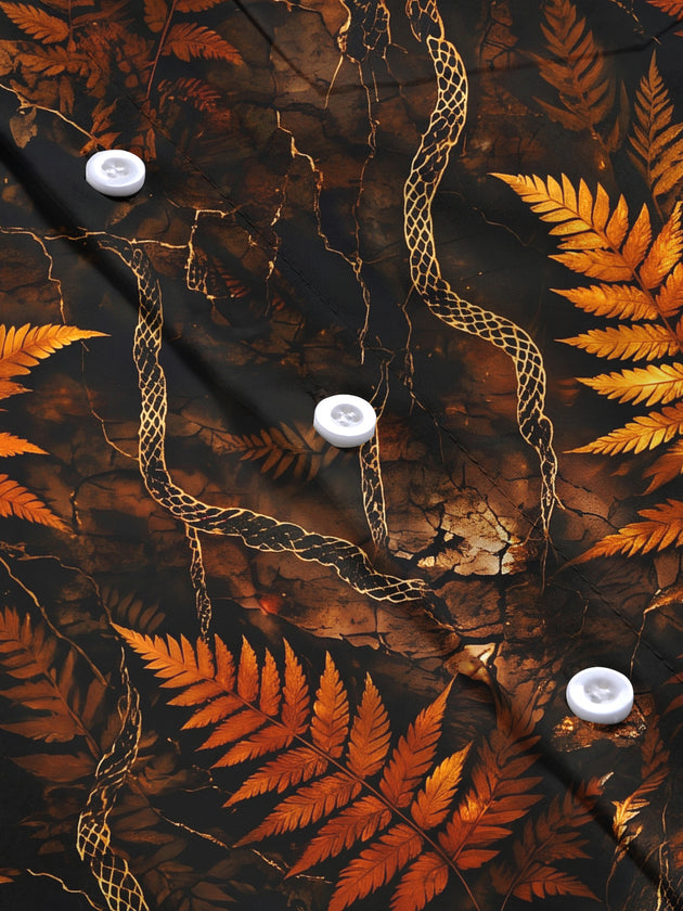 Adaychic Men's Golden Fern Leaves And Snake Skin Pattern Long Sleeve Shirt with Chest Pocket