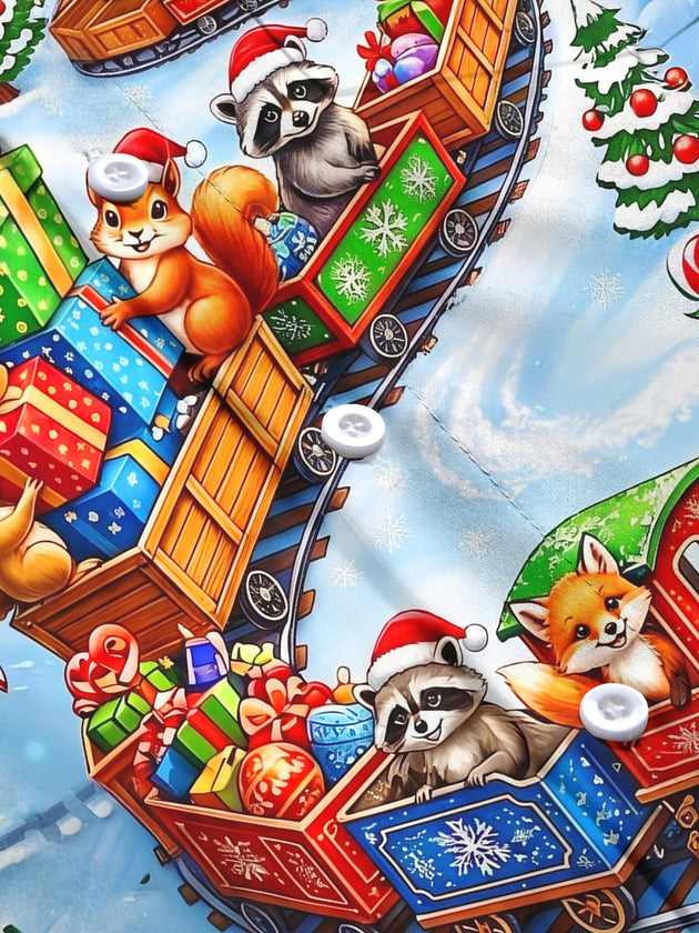 Adaychic Men's Christmas Animals On Train With Gifts Print Long Sleeve Shirt with Chest Pocket
