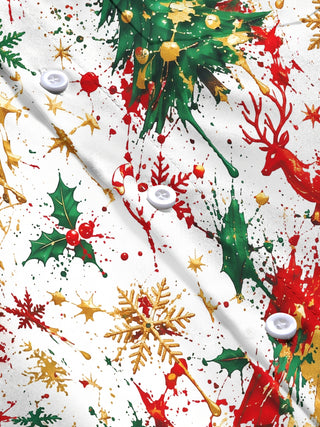 Adaychic Men's Printed Christmas Tree And Reindeer Print Long Sleeve Shirt with Chest Pocket