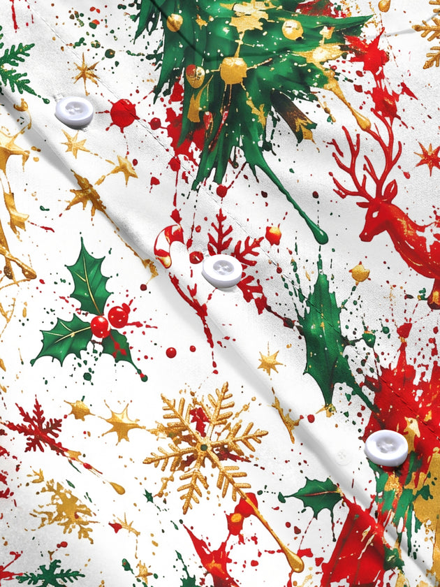 Adaychic Men's Printed Christmas Tree And Reindeer Print Long Sleeve Shirt with Chest Pocket