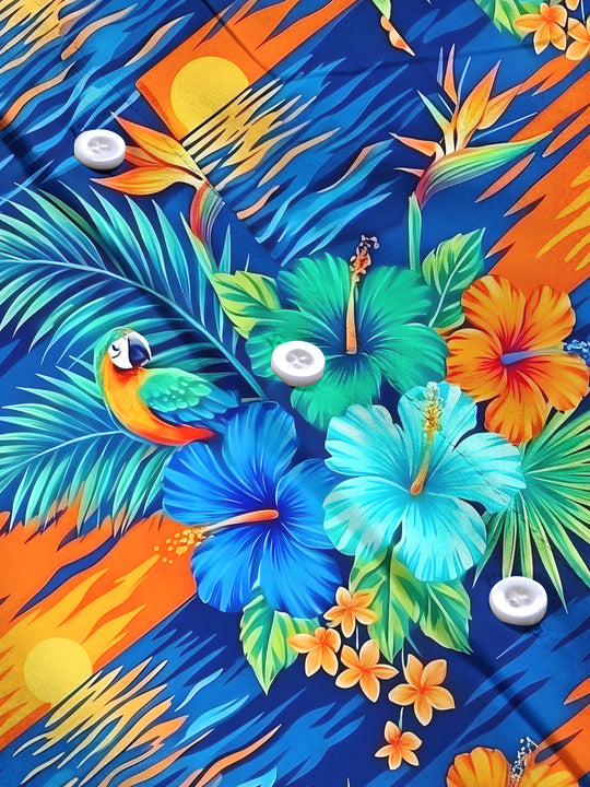 Adaychic Men's Hawaiian Floral Tropical Hibiscus Parrot Sunset Print Long Sleeve Button Down Shirt with Chest Pocket