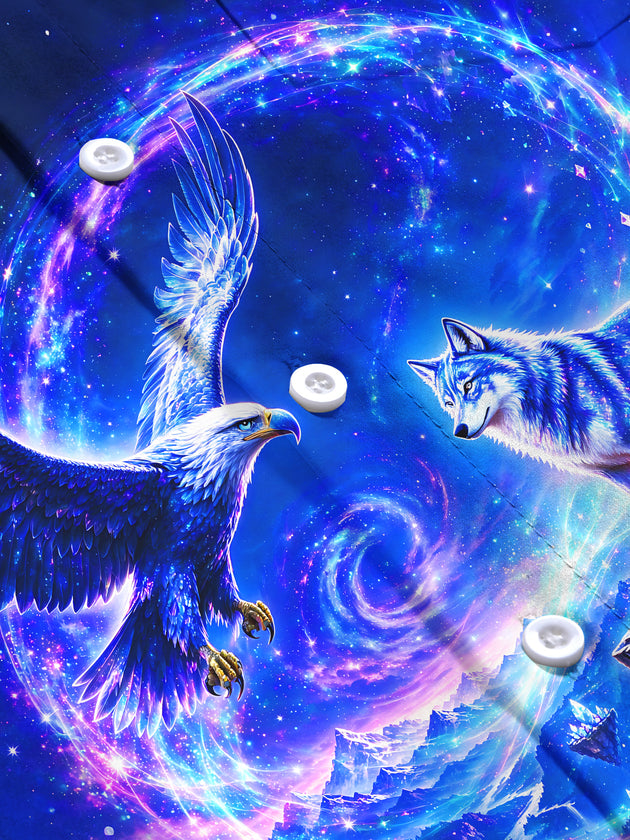 Adaychic Men's Graphic Eagle And Wolf In Cosmic Galaxy Print Long Sleeve Shirt with Chest Pocket