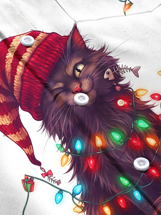Adaychic Men's Long Sleeve Shirt - Black Cat With Christmas Lights And Knit Hat Print with Chest Pocket
