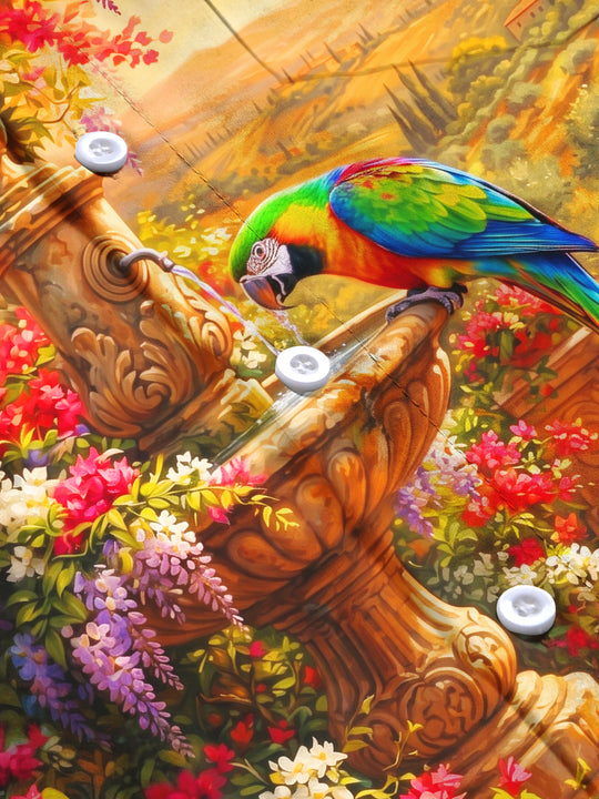 Adaychic Men's Colorful Parrot And Garden Fountain Print Long Sleeve Shirt with Chest Pocket