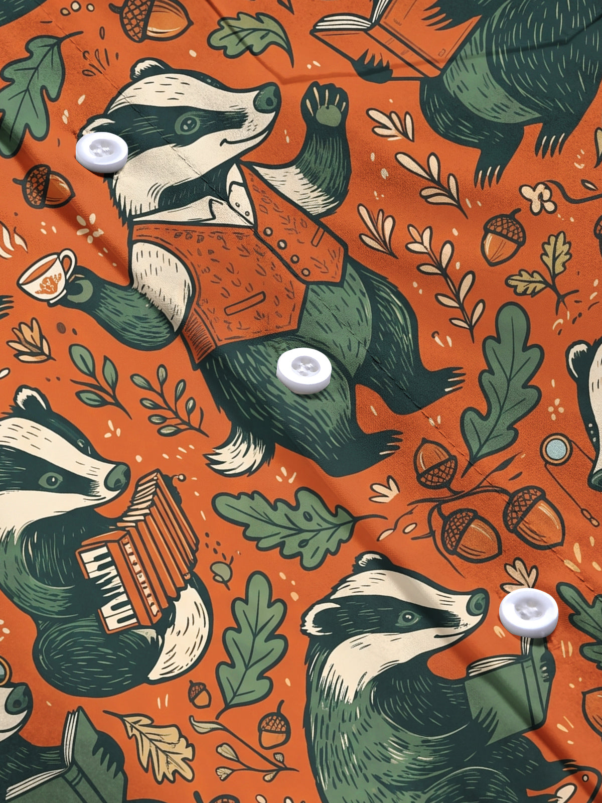 Adaychic Men's Long Sleeve Shirt - Vintage Gentleman Badgers With Forest Elements Print with Chest Pocket