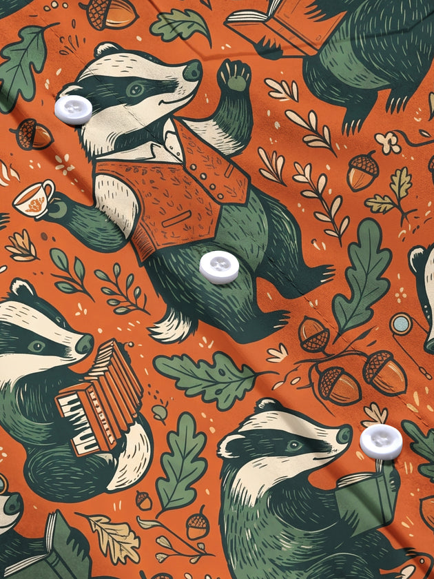 Adaychic Men's Long Sleeve Shirt - Vintage Gentleman Badgers With Forest Elements Print with Chest Pocket