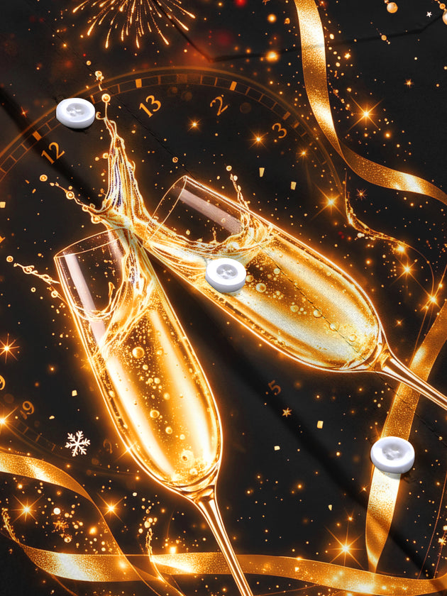 Adaychic Men's New Year Champagne Glasses And Clock Print Long Sleeve Shirt with Chest Pocket