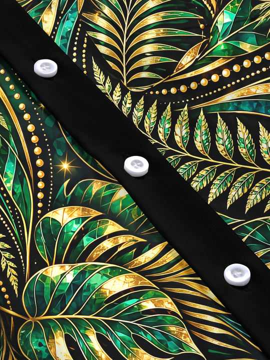 Adaychic Men's Gold And Green Palm Leaves And Ferns Print Long Sleeve Shirt with Chest Pocket