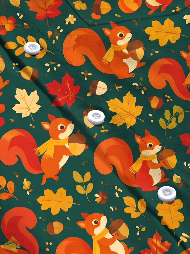 Adaychic Men's Autumn Squirrel And Maple Leaf Pattern Long Sleeve Shirt with Chest Pocket