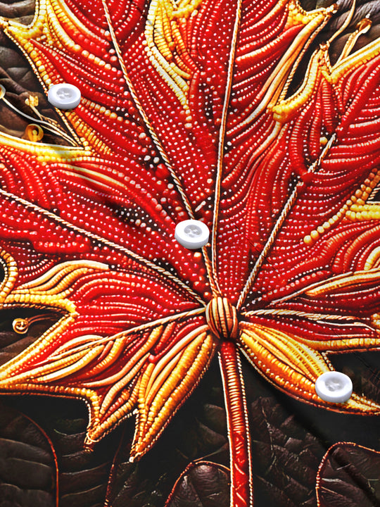 Adaychic Men's Graphic Beaded Flaming Red Maple Leaf Print Long Sleeve Shirt with Chest Pocket
