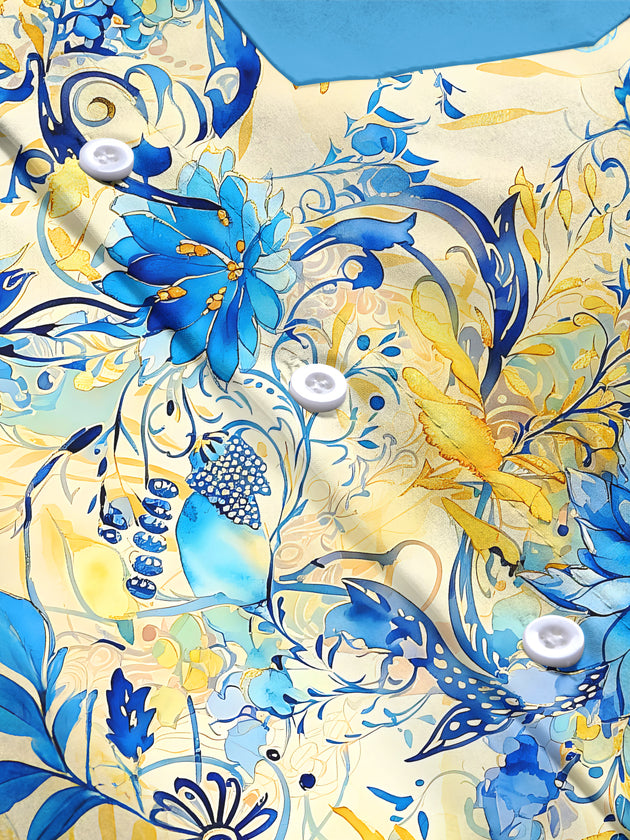 Adaychic Men's Blue Watercolor Flowers Print Long Sleeve Shirt with Chest Pocket