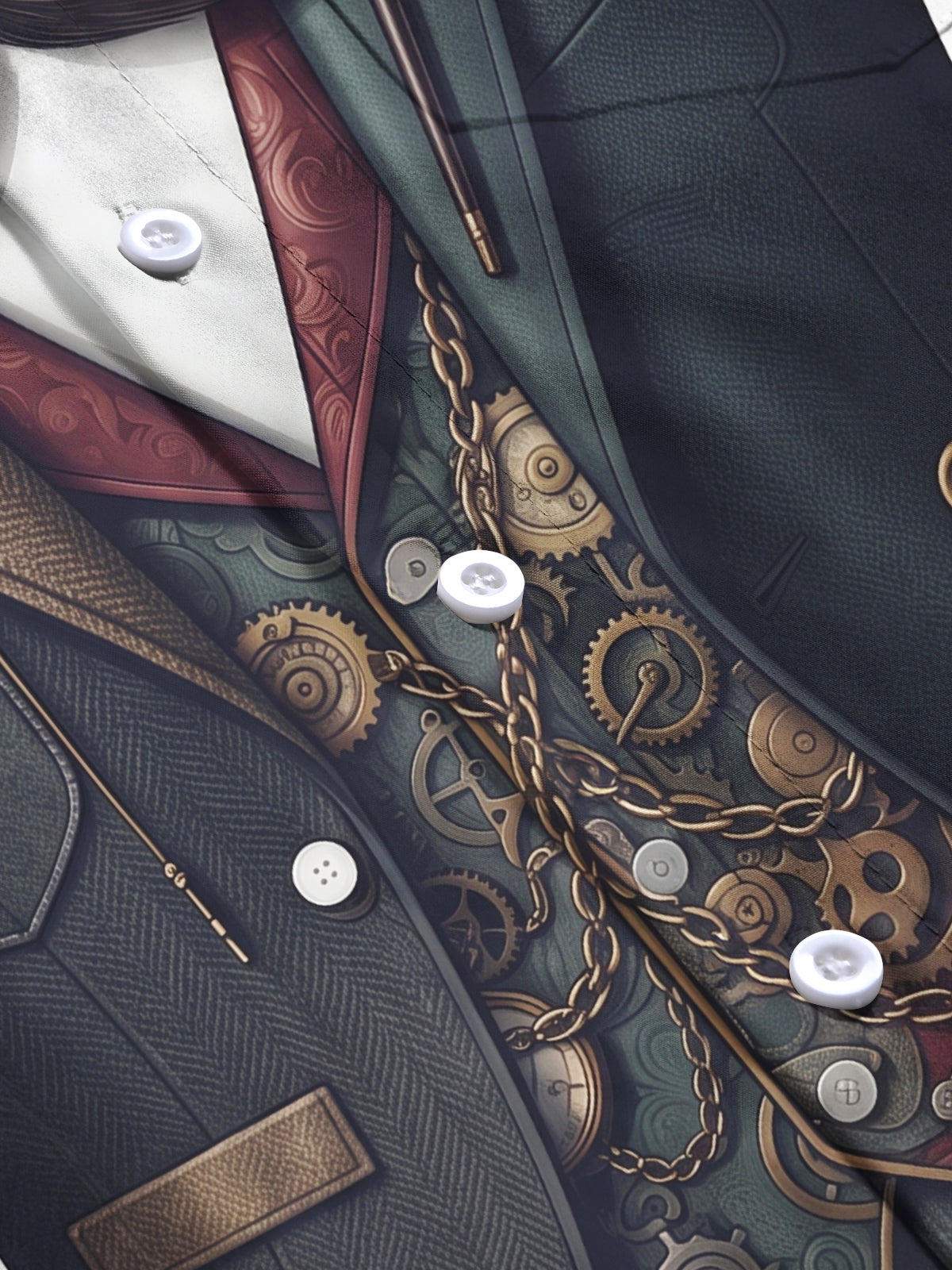 Adaychic Men's Retro Steampunk Gears And Mustache Print Long Sleeve Shirt with Chest Pocket