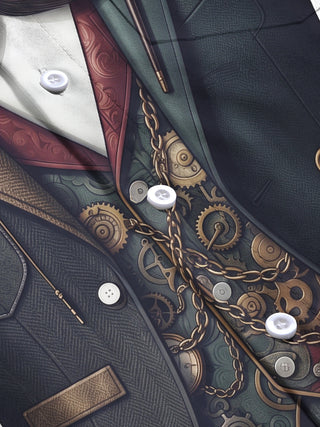 Adaychic Men's Retro Steampunk Gears And Mustache Print Long Sleeve Shirt with Chest Pocket