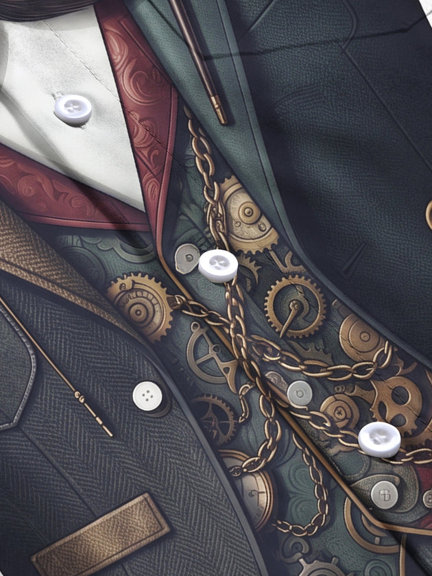 Adaychic Men's Retro Steampunk Gears And Mustache Print Long Sleeve Shirt with Chest Pocket