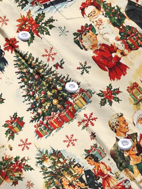 Adaychic Men's Long Sleeve Shirt - Vintage Christmas Scenes With Santa Claus And Families Print with Chest Pocket