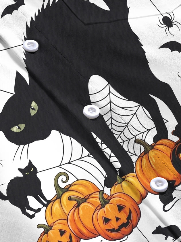 Adaychic Men's Graphic Halloween Black Cat Print Long Sleeve Shirt with Chest Pocket