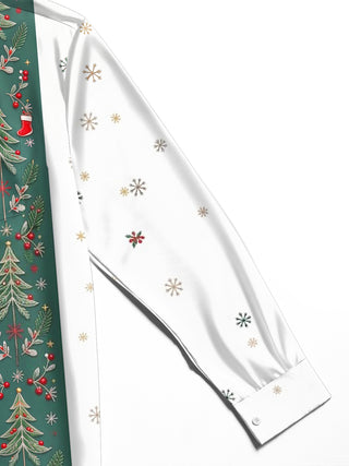 Adaychic Men's Striped Christmas Trees And Snowflakes Print Long Sleeve Shirt with Chest Pocket