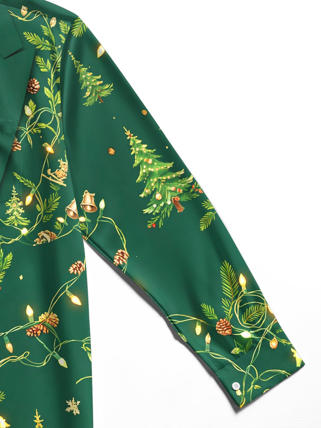 Adaychic Men's Christmas Light Strings And Pine Cones Print Long Sleeve Shirt with Chest Pocket