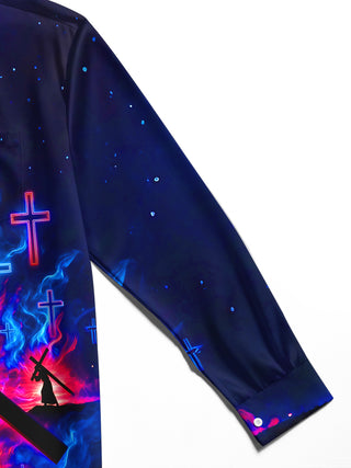 Adaychic Men's Long Sleeve Shirt - Silhouette Of Jesus Carrying The Cross With Neon Crosses Print with Chest Pocket