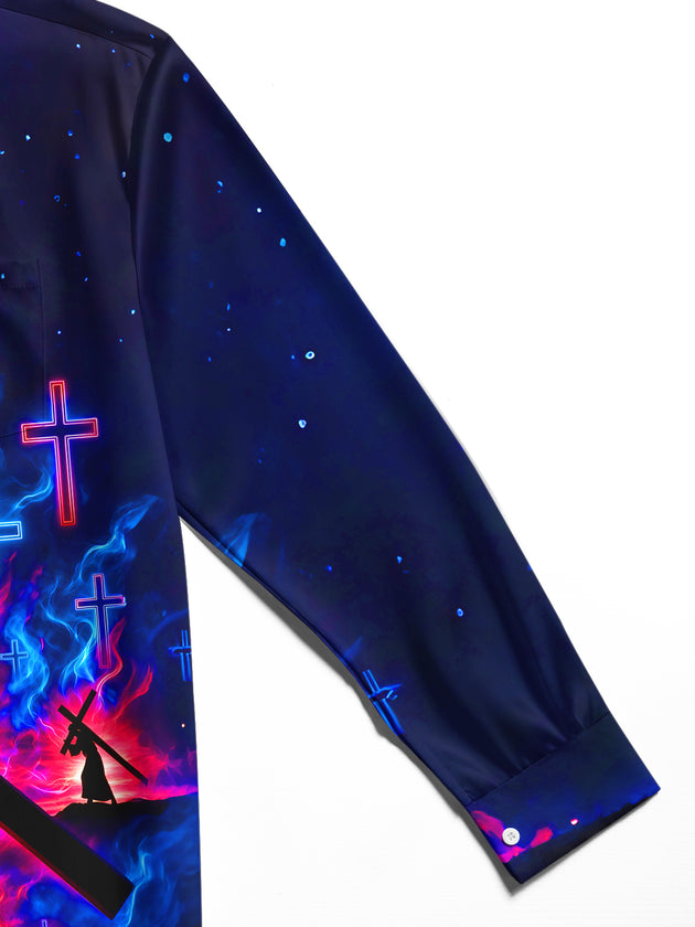 Adaychic Men's Long Sleeve Shirt - Silhouette Of Jesus Carrying The Cross With Neon Crosses Print with Chest Pocket
