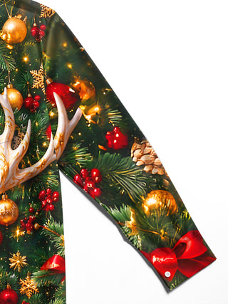 Adaychic Men's Long Sleeve Shirt - Golden White Deer And Christmas Ornaments Print with Chest Pocket