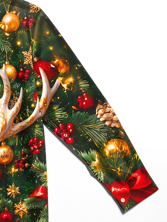 Adaychic Men's Long Sleeve Shirt - Golden White Deer And Christmas Ornaments Print with Chest Pocket