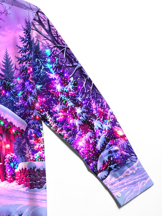 Adaychic Men's Long Sleeve Shirt - Christmas Covered Bridge And Winter Landscape Print with Chest Pocket