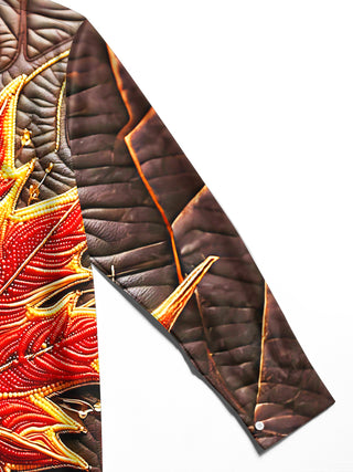 Adaychic Men's Graphic Beaded Flaming Red Maple Leaf Print Long Sleeve Shirt with Chest Pocket