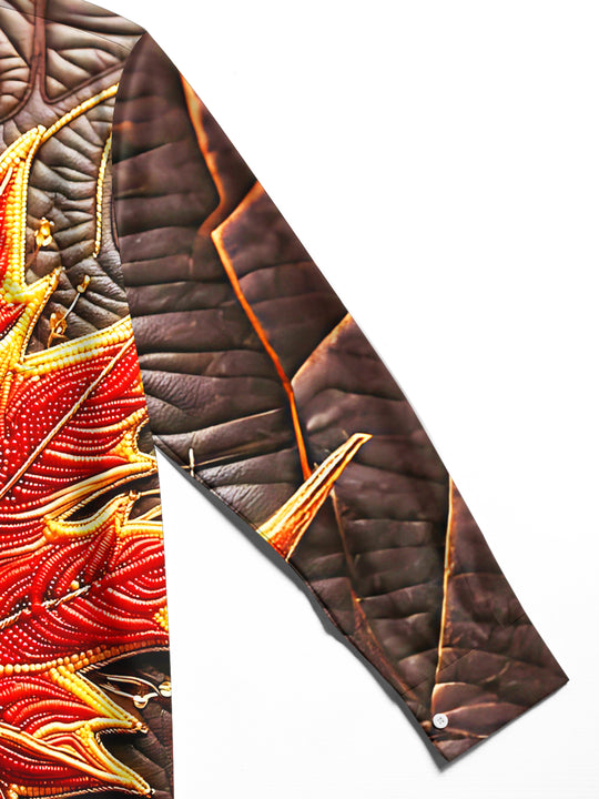 Adaychic Men's Graphic Beaded Flaming Red Maple Leaf Print Long Sleeve Shirt with Chest Pocket
