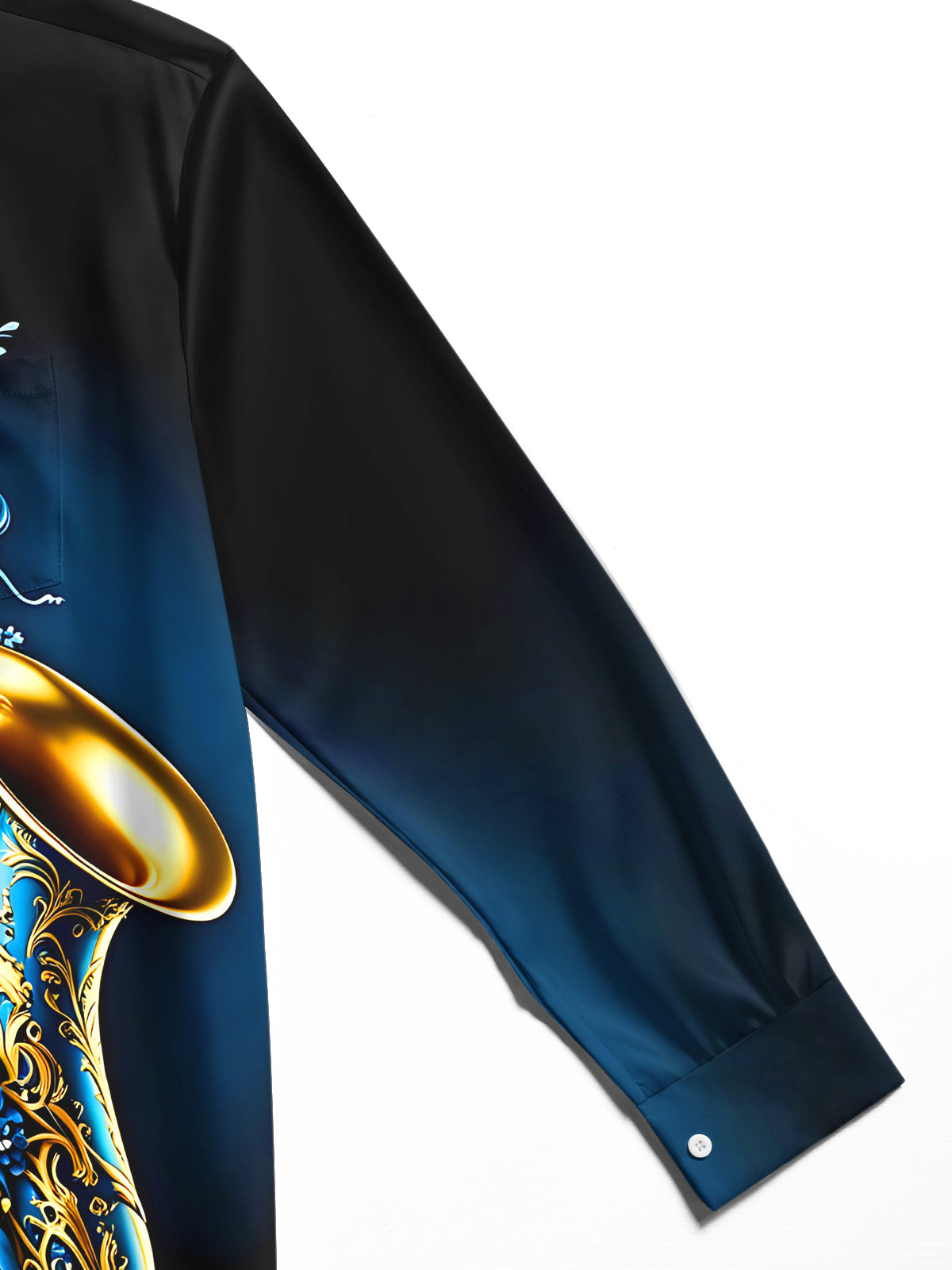Adaychic Men's Gold Graphic Saxophone Blue Floral Print Long Sleeve Button Down Shirt with Chest Pocket