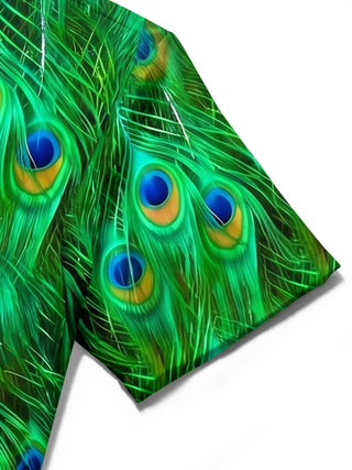 Adaychic Men's Tropical Peacock Feather Print Short Sleeve Shirt with Chest Pocket