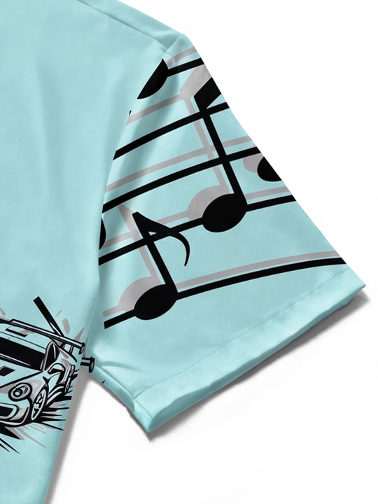 Adaychic Men's Graphic Music Notes Print Sports Car Print Short Sleeve Shirt with Chest Pocket