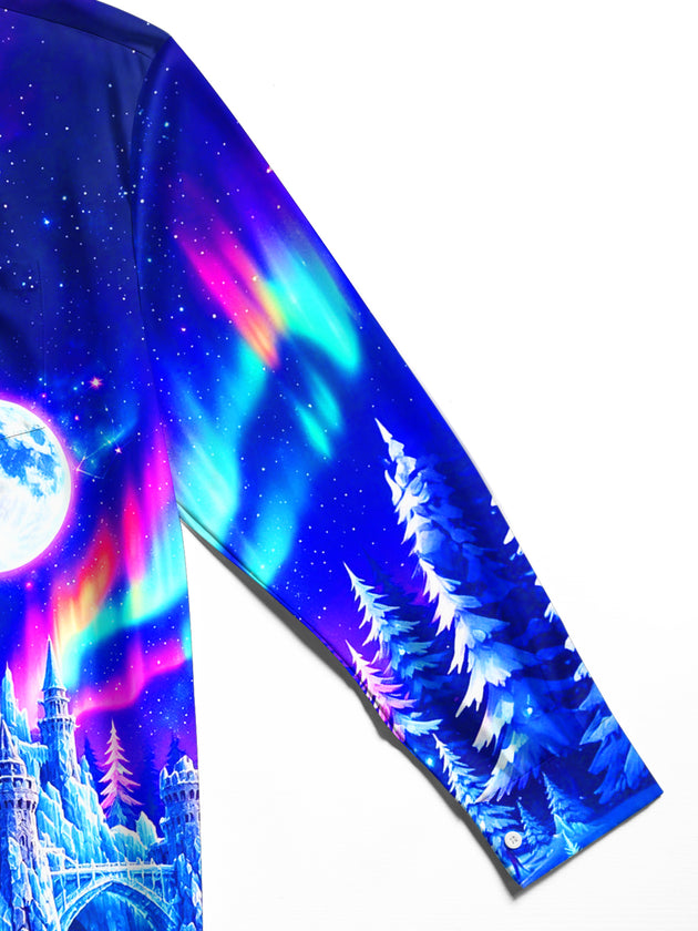 Adaychic Men's Graphic Ice Castle And Full Moon Print Long Sleeve Shirt with Chest Pocket
