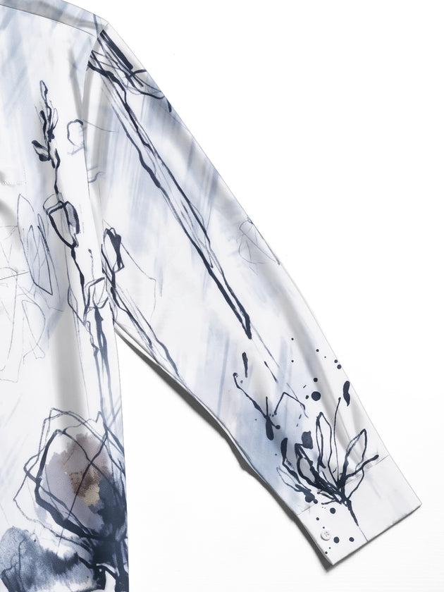 Adaychic Men's Graphic Abstract Ink Wash Floral Print Long Sleeve Button Down Shirt with Chest Pocket