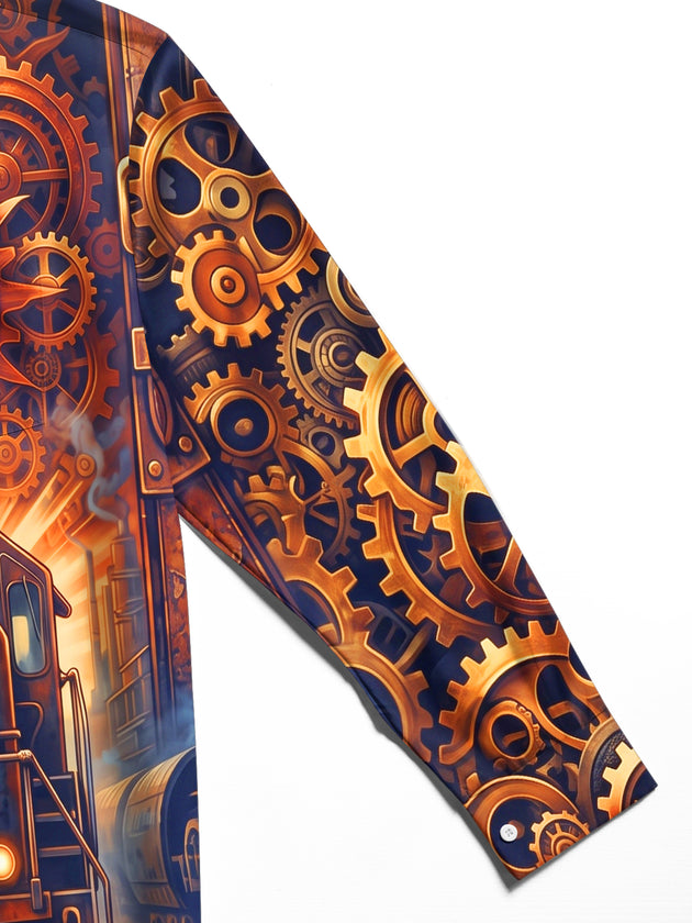 Adaychic Men's Graphic Steampunk Train And Gears Print Long Sleeve Shirt with Chest Pocket