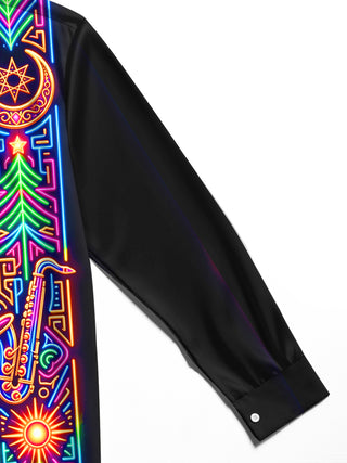 Adaychic Men's Neon Saxophone And Christmas Tree Motif Print Long Sleeve Shirt with Chest Pocket