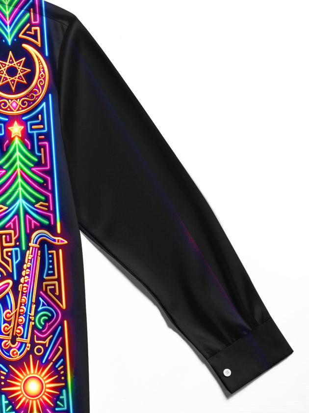 Adaychic Men's Neon Saxophone And Christmas Tree Motif Print Long Sleeve Shirt with Chest Pocket