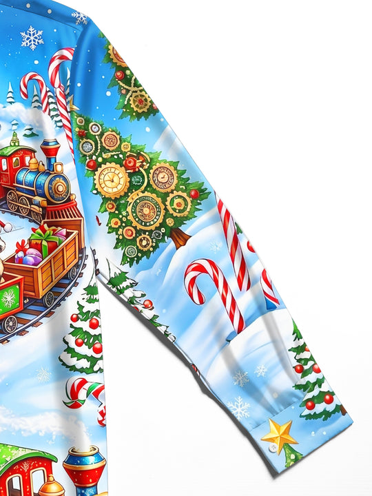 Adaychic Men's Christmas Animals On Train With Gifts Print Long Sleeve Shirt with Chest Pocket