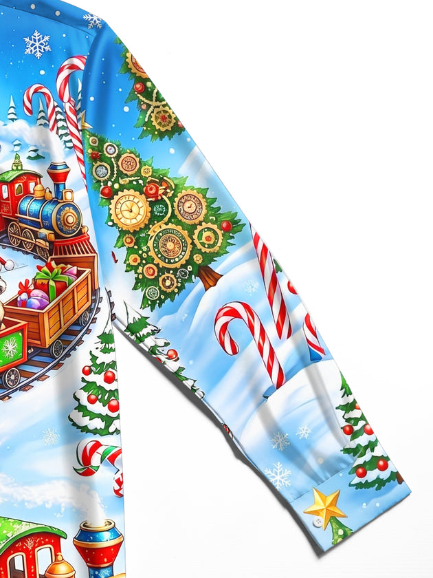 Adaychic Men's Christmas Animals On Train With Gifts Print Long Sleeve Shirt with Chest Pocket