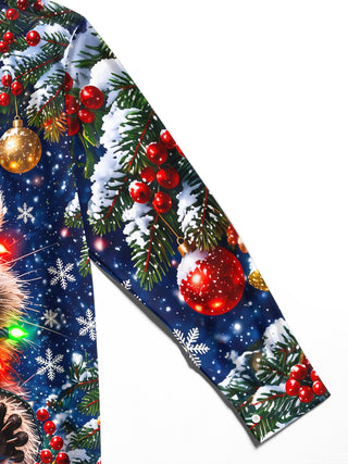 Adaychic Men's Raccoon With Christmas Lights And Hat Print Long Sleeve Shirt with Chest Pocket