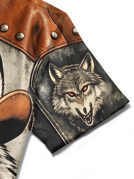 Adaychic Men's Graphic Wolf In Cowboy Hat Print Short Sleeve Shirt with Chest Pocket