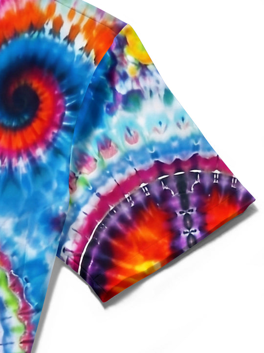 Adaychic Men's Graphic Peace Sign Print Tie Dye Spiral Print Short Sleeve Shirt with Chest Pocket
