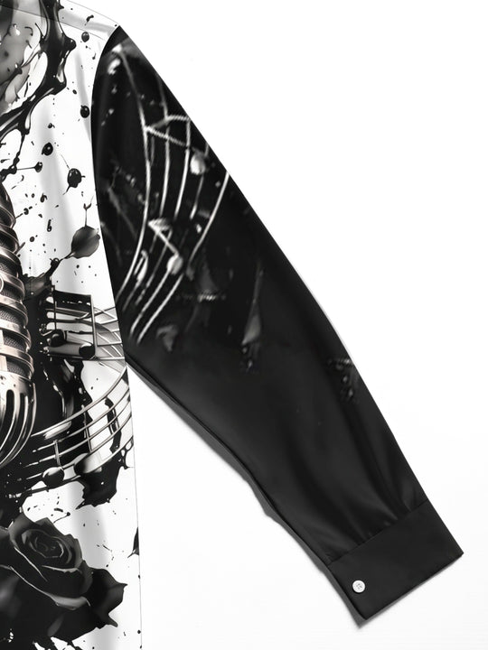 Adaychic Men's Vintage Microphone And Musical Notes Print Long Sleeve Shirt with Chest Pocket