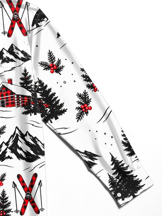 Adaychic Men's Long Sleeve Shirt - Winter Skiing Scenes With Snowy Mountains And Cabins Print with Chest Pocket