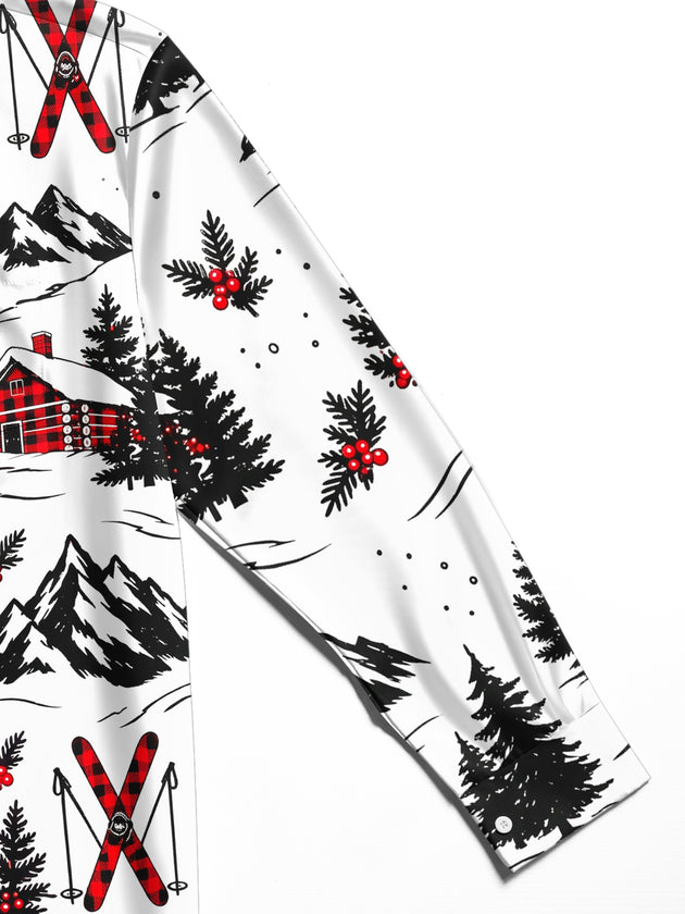 Adaychic Men's Long Sleeve Shirt - Winter Skiing Scenes With Snowy Mountains And Cabins Print with Chest Pocket