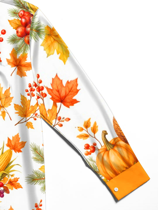 Adaychic Men's Thanksgiving Turkey And Harvest Produce Print Long Sleeve Shirt with Chest Pocket